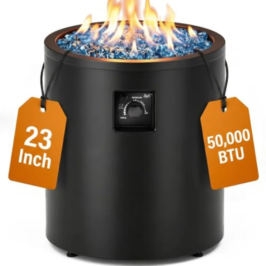 Outdoor propane fire pit with 50, 000 BTU output, stainless steel construction, matte black finish, weather-resistant and insta