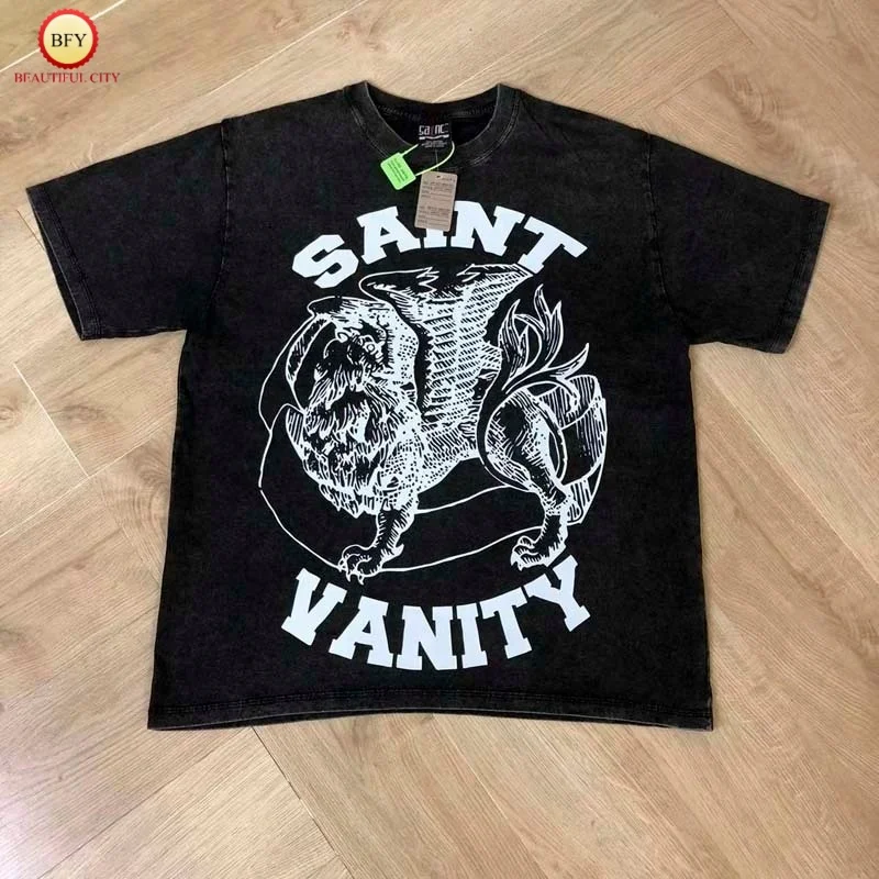 

SAINT VANITY стираная мужская футболка с круглым вырезом и принтом, свободная посадка, летняя модная мужская футболка в стиле хип-хоп, женские топы