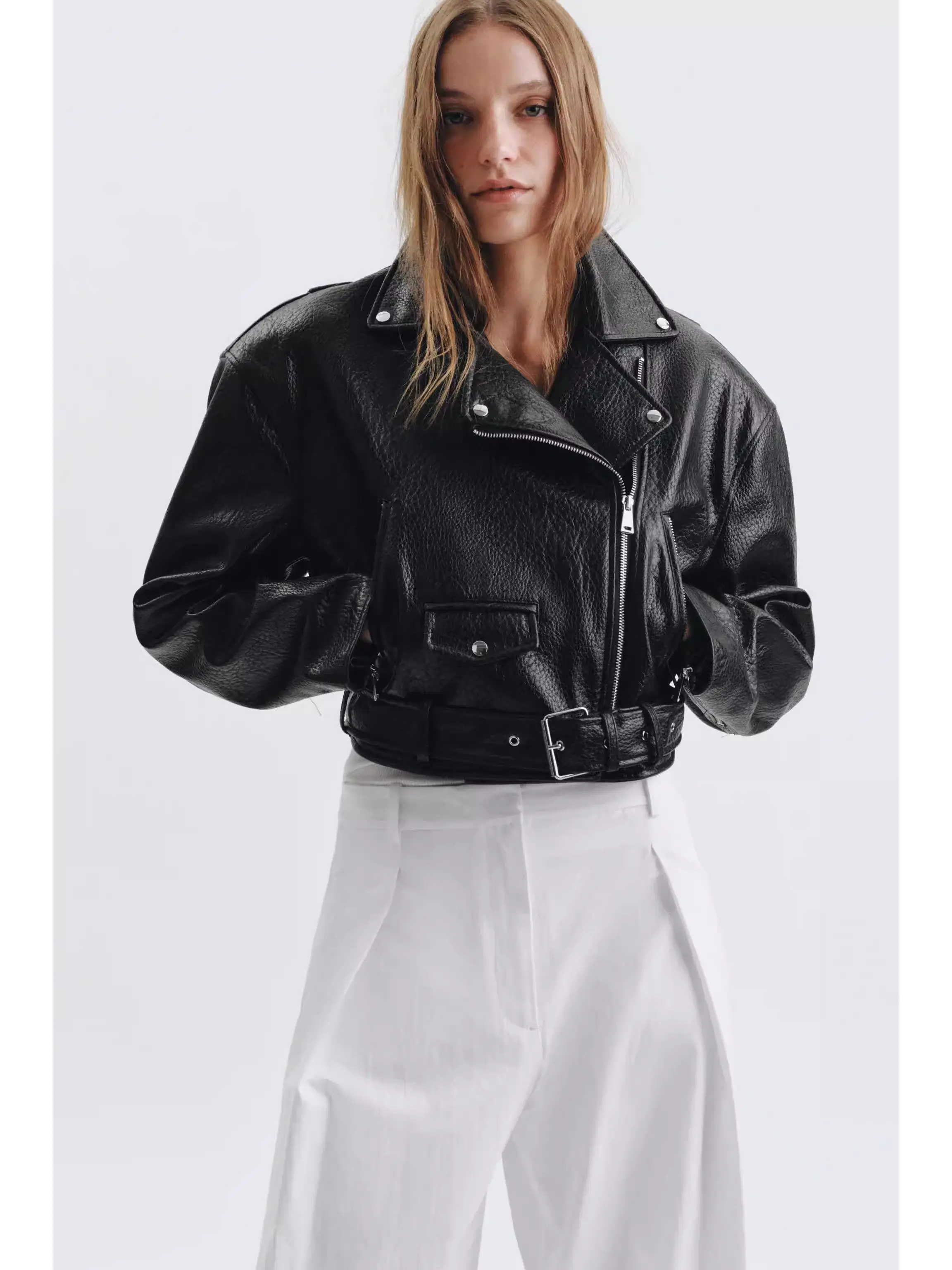 

Spring New Arrival Women's Long Sleeve Lapel Faux Leather Motorcycle Style Jacket Outerwear Casual Standard Fit Zipper Closure