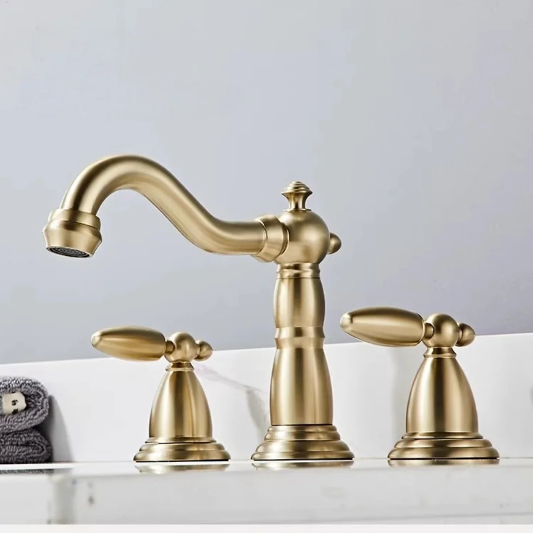 Brushed Gold Basin Faucet Total Brass Black Bathroom Faucet Antique Sink Faucets 3 Hole Hot And Cold Waterfall Faucet Water Tap