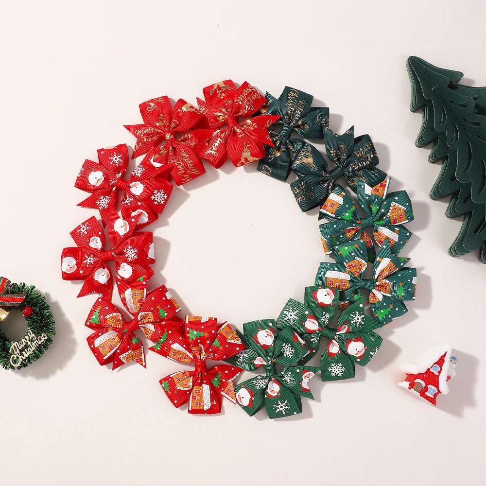 12-teiliges Weihnachts-Haarspangen-Set für Babys, Mädchen, Weihnachtsmann-Druck, Band, Haarnadeln, Boutique-Party, Kopfbedeckung, Haarschmuck