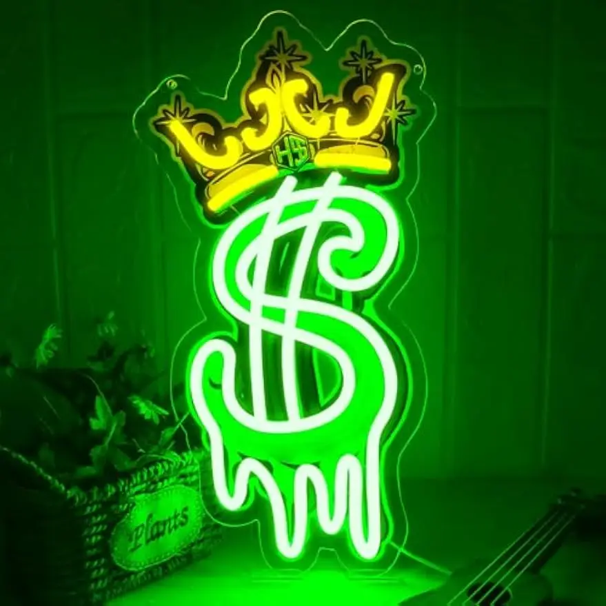 Dollar Sign LED Neon Sign USB Powered Neon Light Crown Money Theme Wall Decor Bar Man Cave Bedroom Night Lamp Birthday Gift