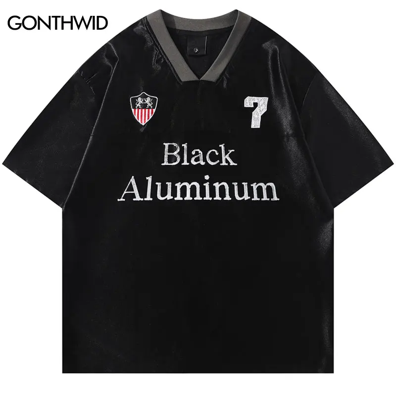 

Vintage T-Shirts Y2K Embroidered V-Neck Racing Sport Streetwear Tshirt Streetwear Hip Hop Harajuku Baggy Short Sleeve Tops Tee