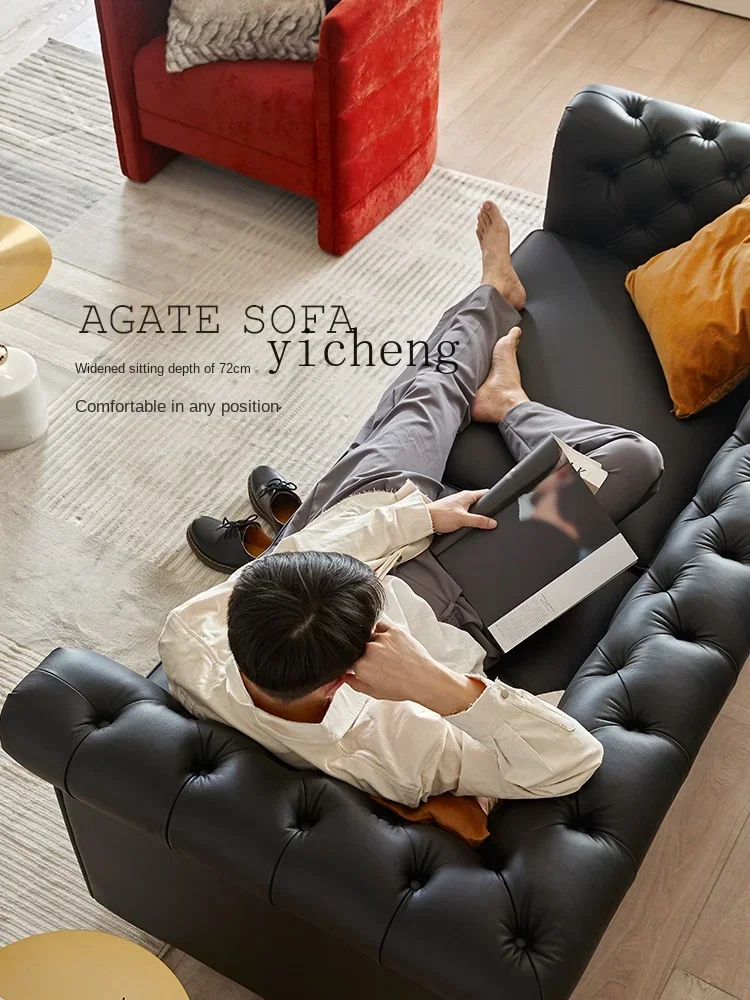 ZC Vintage Leather Sofa First Layer Cowhide Black Straight Row Sofa Living Room Full Leather Sofa