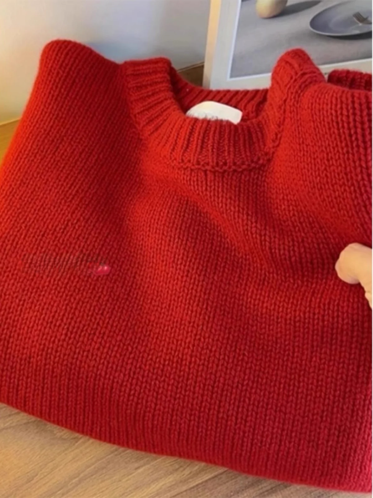 

Red Knitted Bear Fur Sweatshirt Women's Autumn Winter Soft Cozy Christmas New Year's Fashionable Casual Korean Style Top