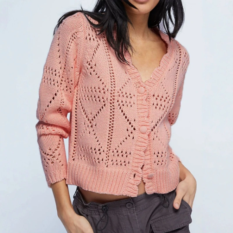 

2025 Spring and Autumn Fashion Long Sleeve V-neck Cardigan Coat Casual Women's Knitwear