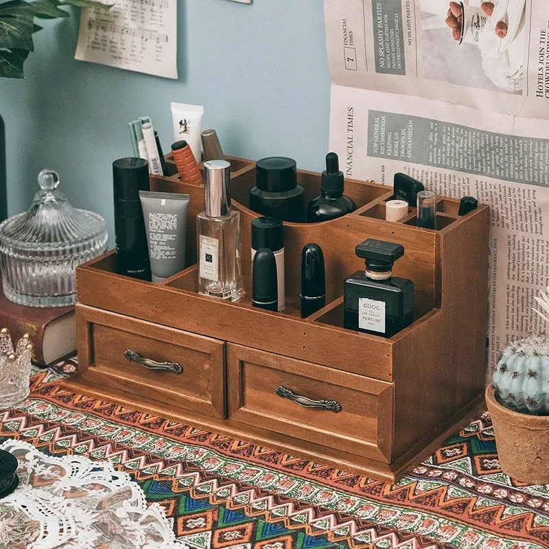 Multi-functional Desk Organizer for Stationery and Cosmetics with Drawer Compartments and Pen Holder