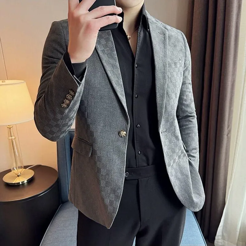 Plus Size 5XL-M Luxury Checkered Slim Fit Business Blazers Mens 2024 Formal Single Button Fashion Social Party Suit Jacket