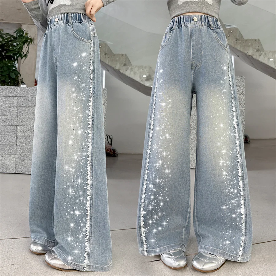 

New Kids Designer Fashion Rhinestone Jeans with Size Lace Embroidery for Teen Girls Street Denim Pants Children Elegant Trousers