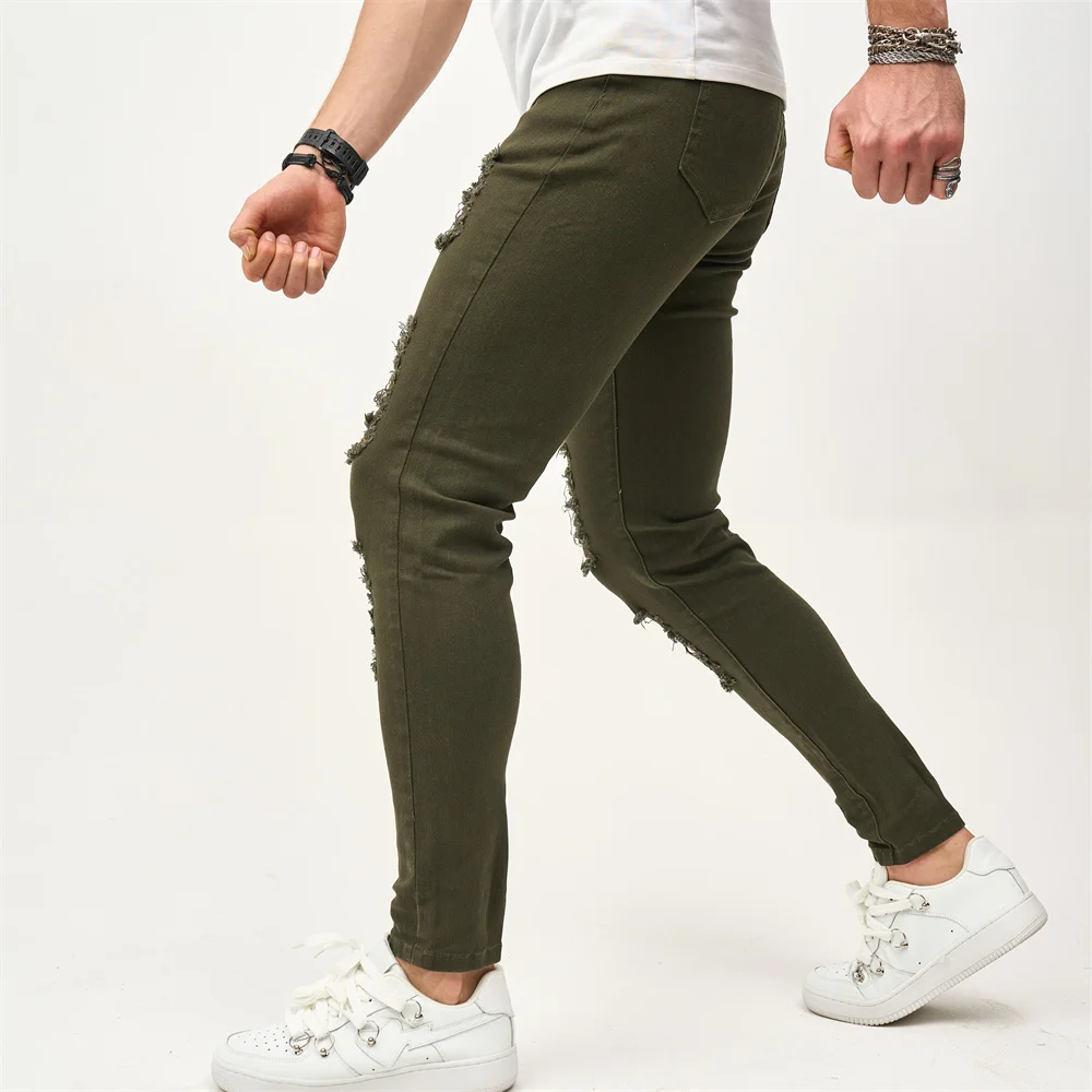 Street style Men Skinny Holes Beggar Jeans Good Quality Men\'s Distressed Stretch Slim Jogging Pencil Denim Pants Male Trousers