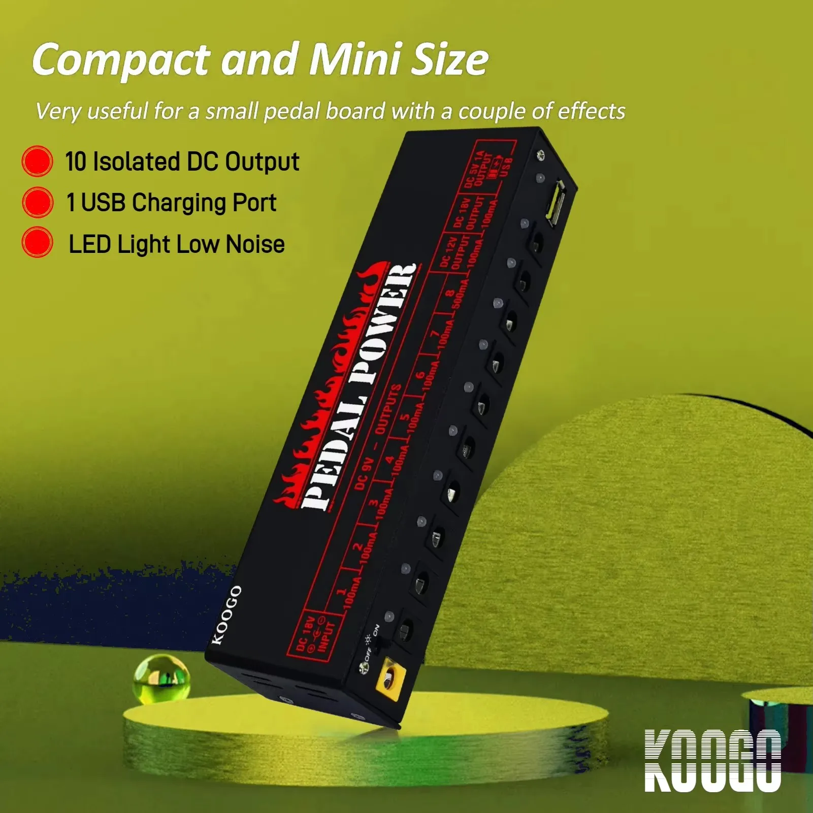 

Koogo TOP Guitar Effector Pedal Power Supply 10 Isolated DC Output 9V 12V 18V Source Effect Pedalboard USB Port For cellphone