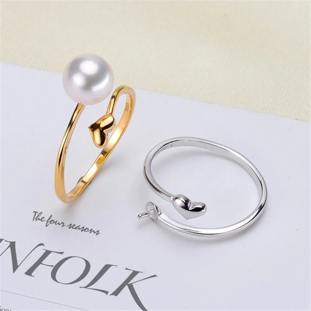 

DIY Pearl Ring Accessories S925 Sterling Silver Pearl Ring Empty Holder Love Ring Holder Fit 6-8mm Round Flat Beads Z042