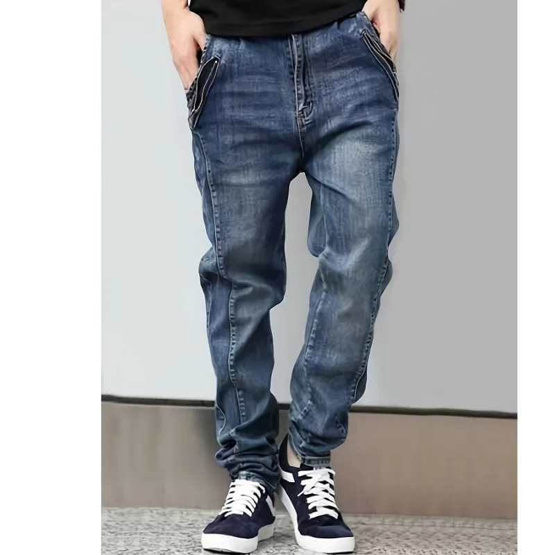 Mens Blue Loose Fit Long Denim Jeans With Rivet Decorated Back Pockets Fashion Simple Casual Trousers