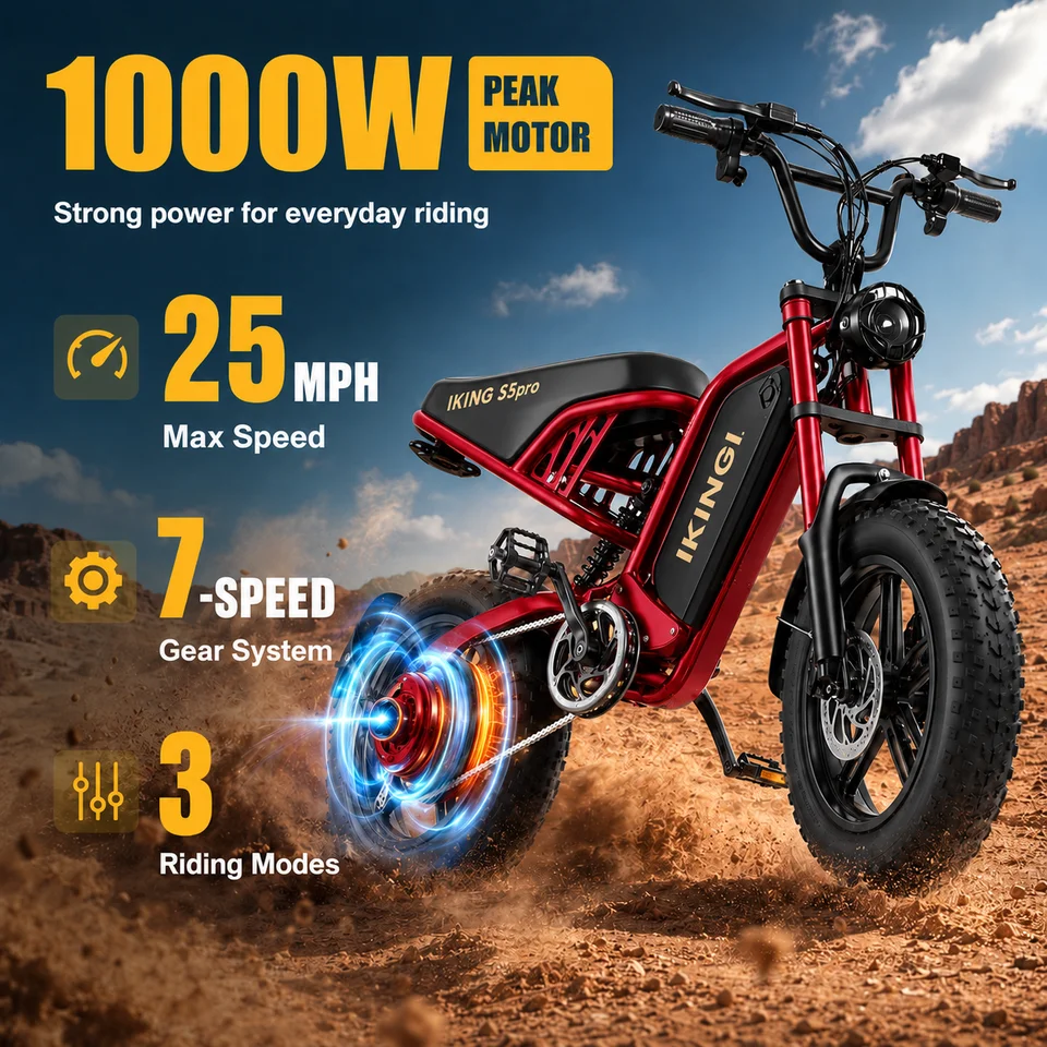 Adult Off‑Road Ebike IKINGI S5pro Full Front‑Rear Suspension 16 Inch Fat Tire 1000W Motor 25MPH Max Speed 48V15Ah Battery 7‑Speed Electric Bicycle image 6