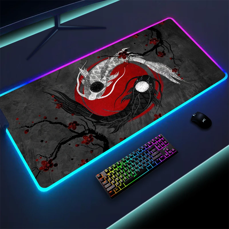 

Коврик для игровой мыши RGB Koi Art, игровой коврик для компьютерного стола, большой нескользящий светодиодный коврик для мыши, резиновый коврик с запирающимся краем и подсветкой, настольный коврик