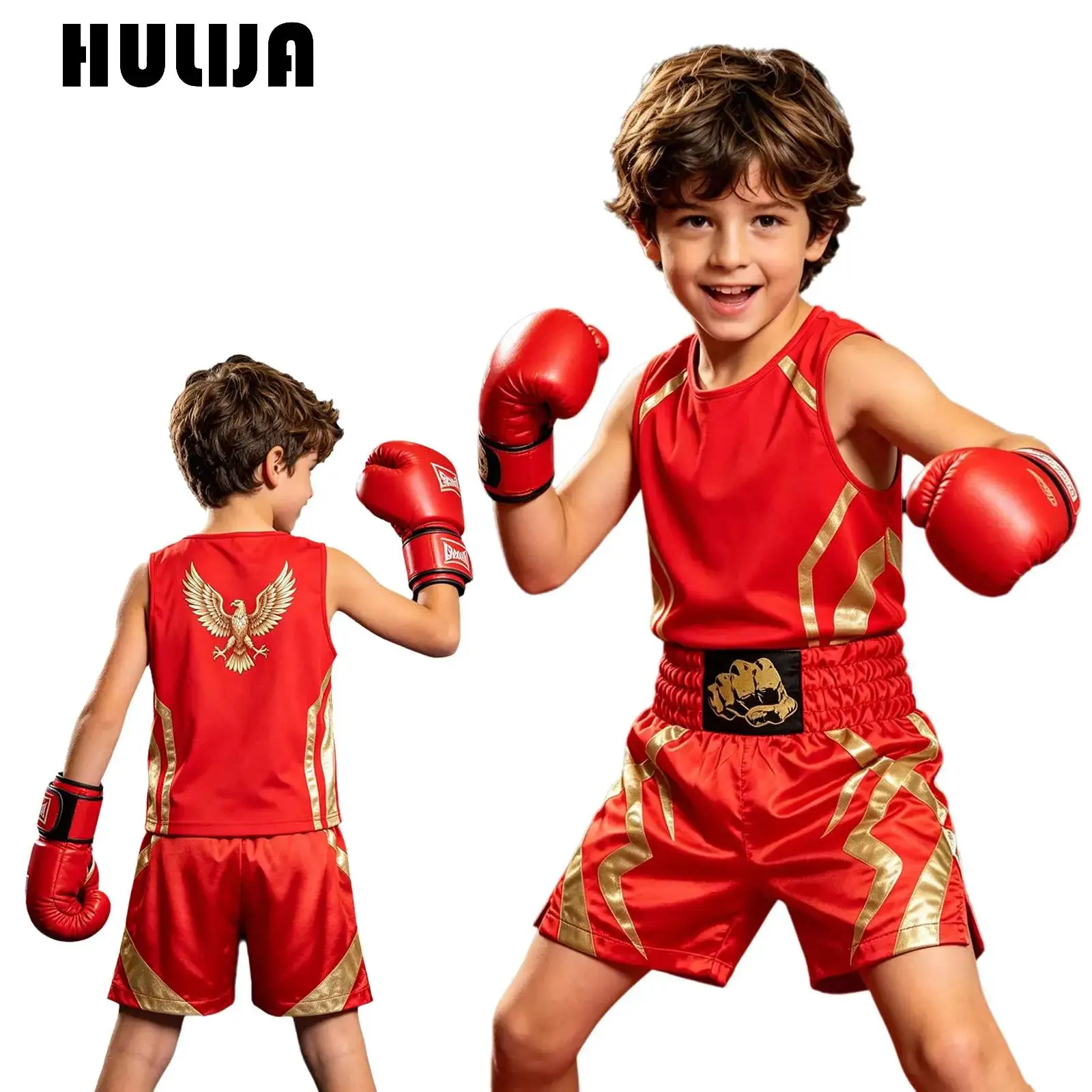 

Boys Boxing Set Muay Thai Shorts Quick Dry Boxing Clothes Kids Eagle Printed Wushu Uniform Gym Boxing Shorts and Vest Suit