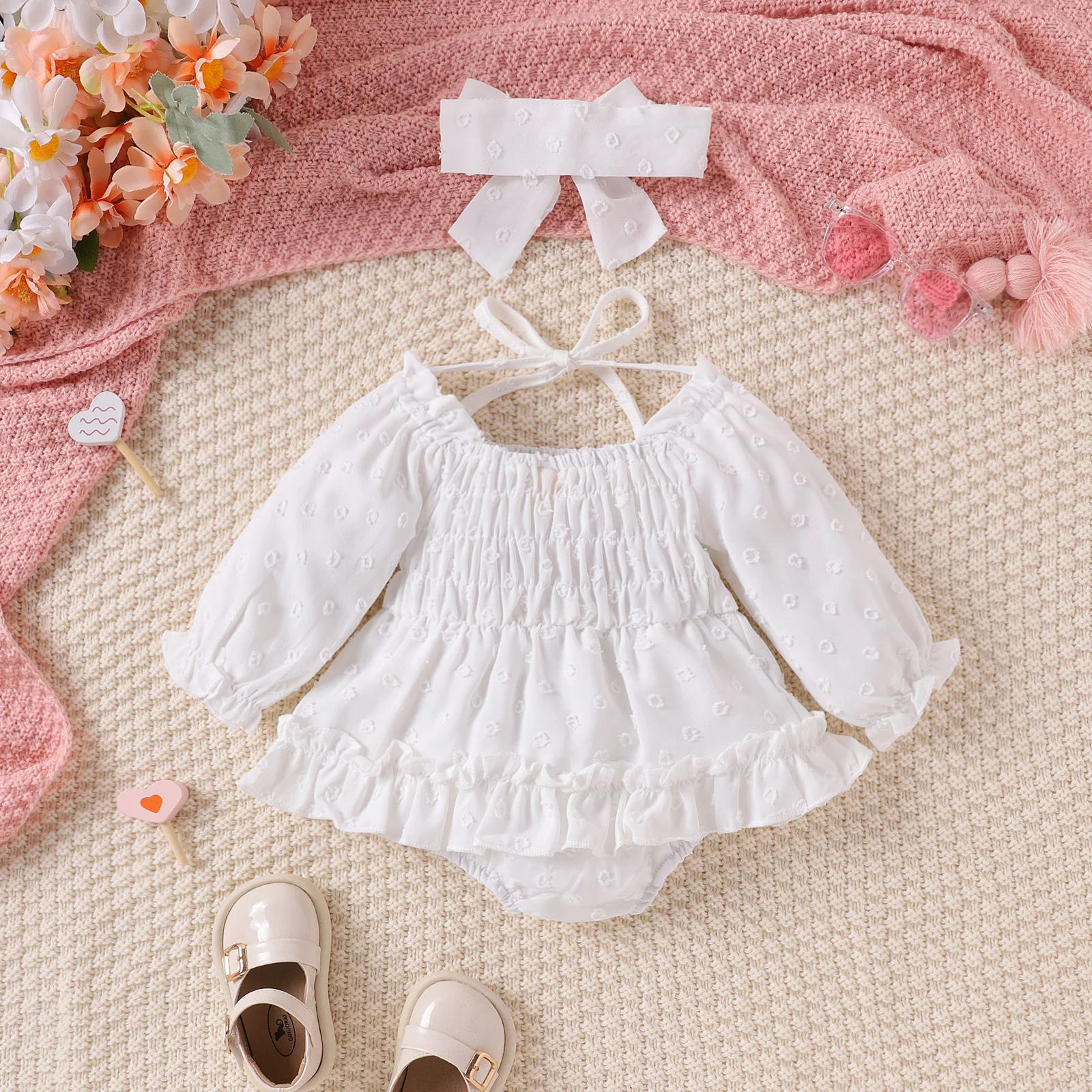 2PCS Spring And Autumn For Babies And Girls Soft And Comfortable Simple Two-Color Sunflower Long Sleeve Clothes + Headwear