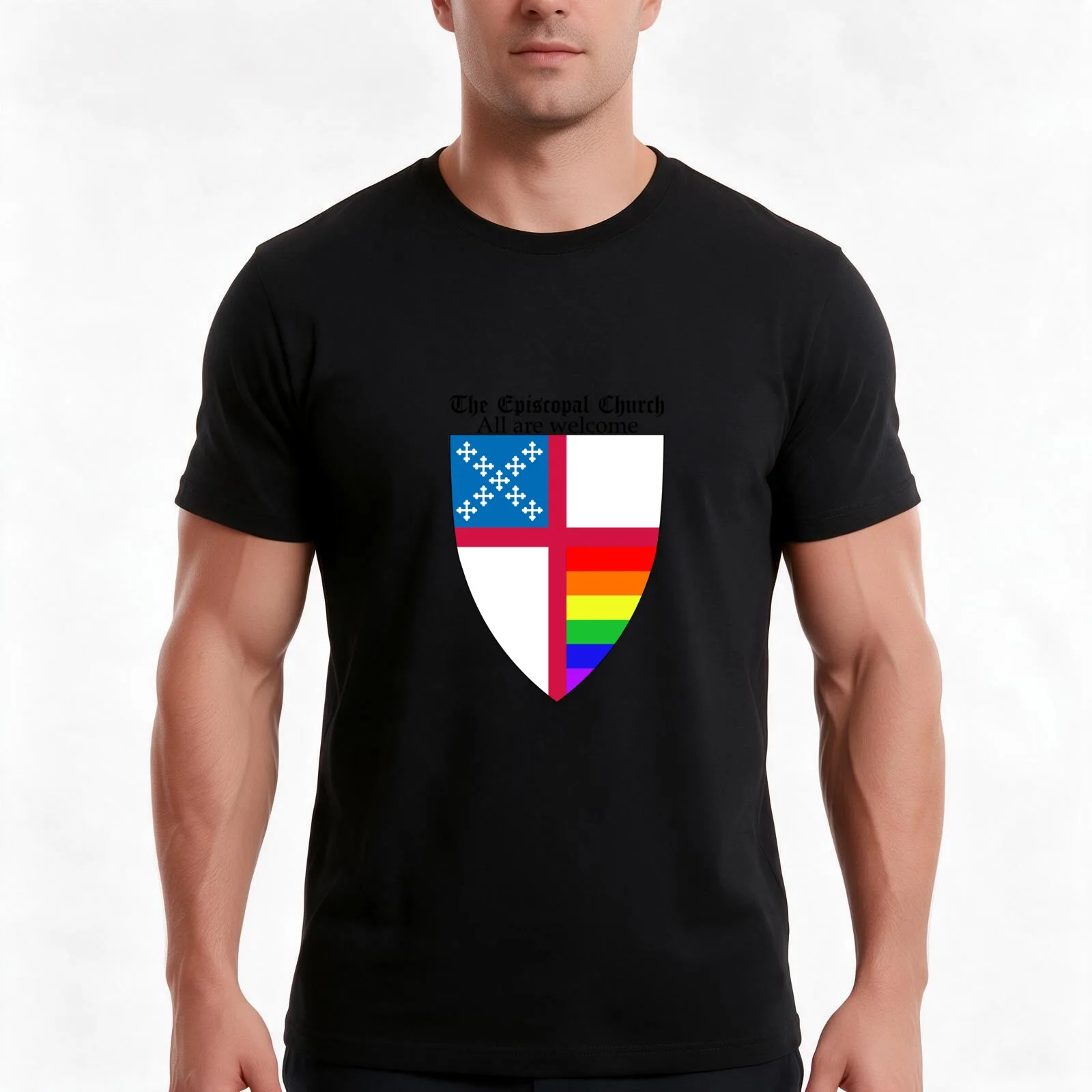 Episcopal Church Shield with Rainbow Pride Horizontal Stripes 1 T-Shirt, Summer Casual Cotton Tee, Oversized Streetwear Tops