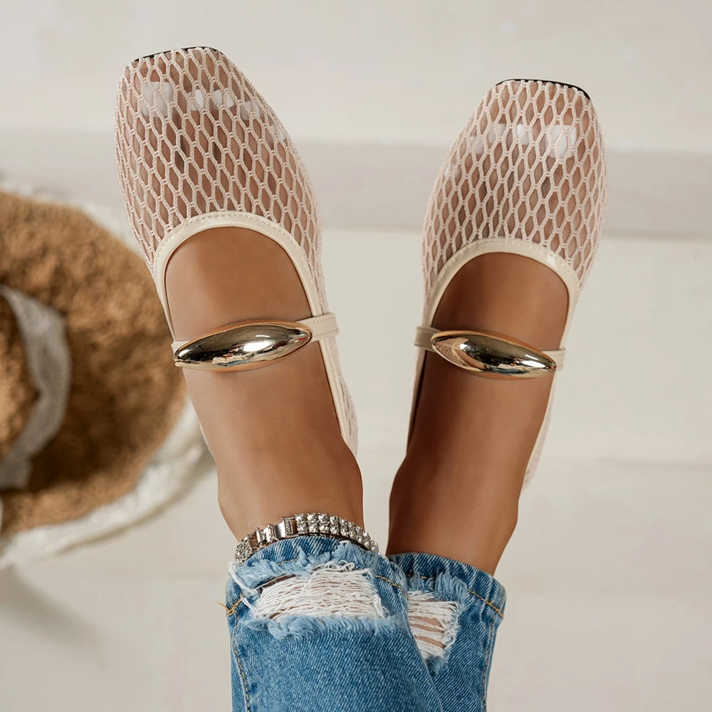 Women Fishnet Mesh Mary Jane Flats Square Toe One Strap Flat Shoes Breathable Soft Sole Casual Summer Ballet Shoes Dress Shoes
