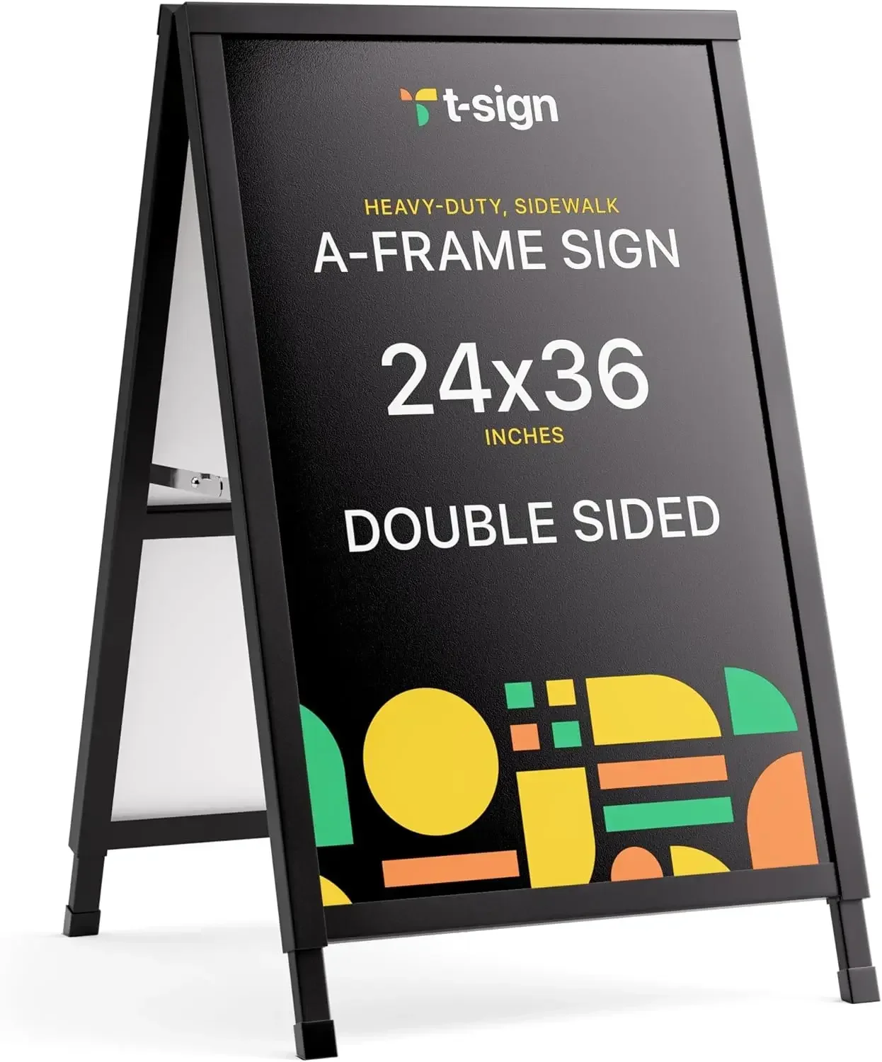Outdoor A-Frame Sidewalk Sign 24x36 Inch Sandwich Board, Black Coated Steel Metal Double-Sided, Heavy Duty Slide-in Folding Fram