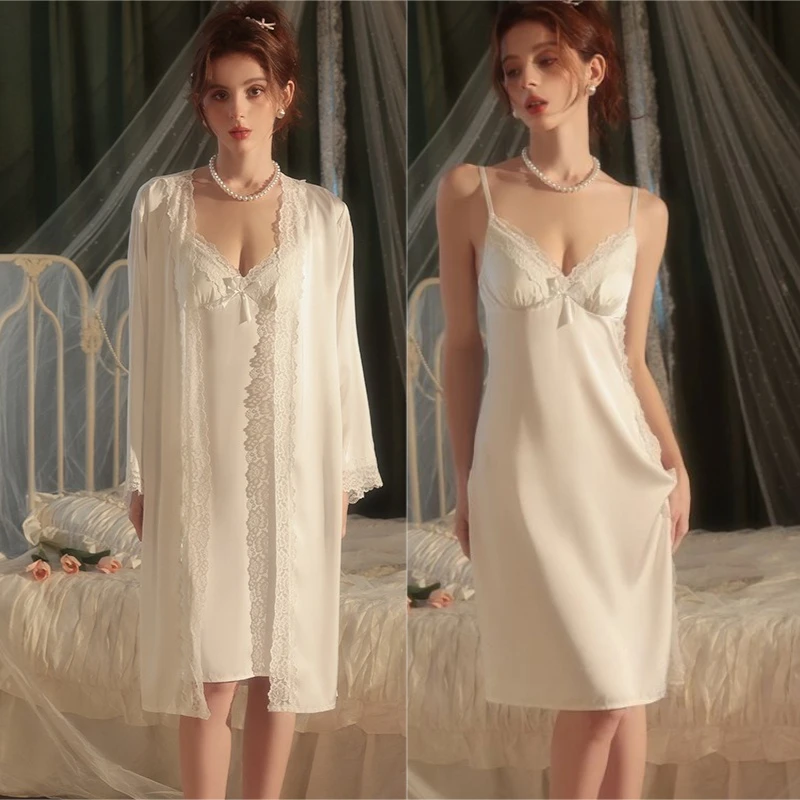 

Twinset Kimono Robe Set Sleepwear Summer Satin Bathrobe Gown Women Sexy Lace Chemise Nightgown Home Dress Lounge Wear