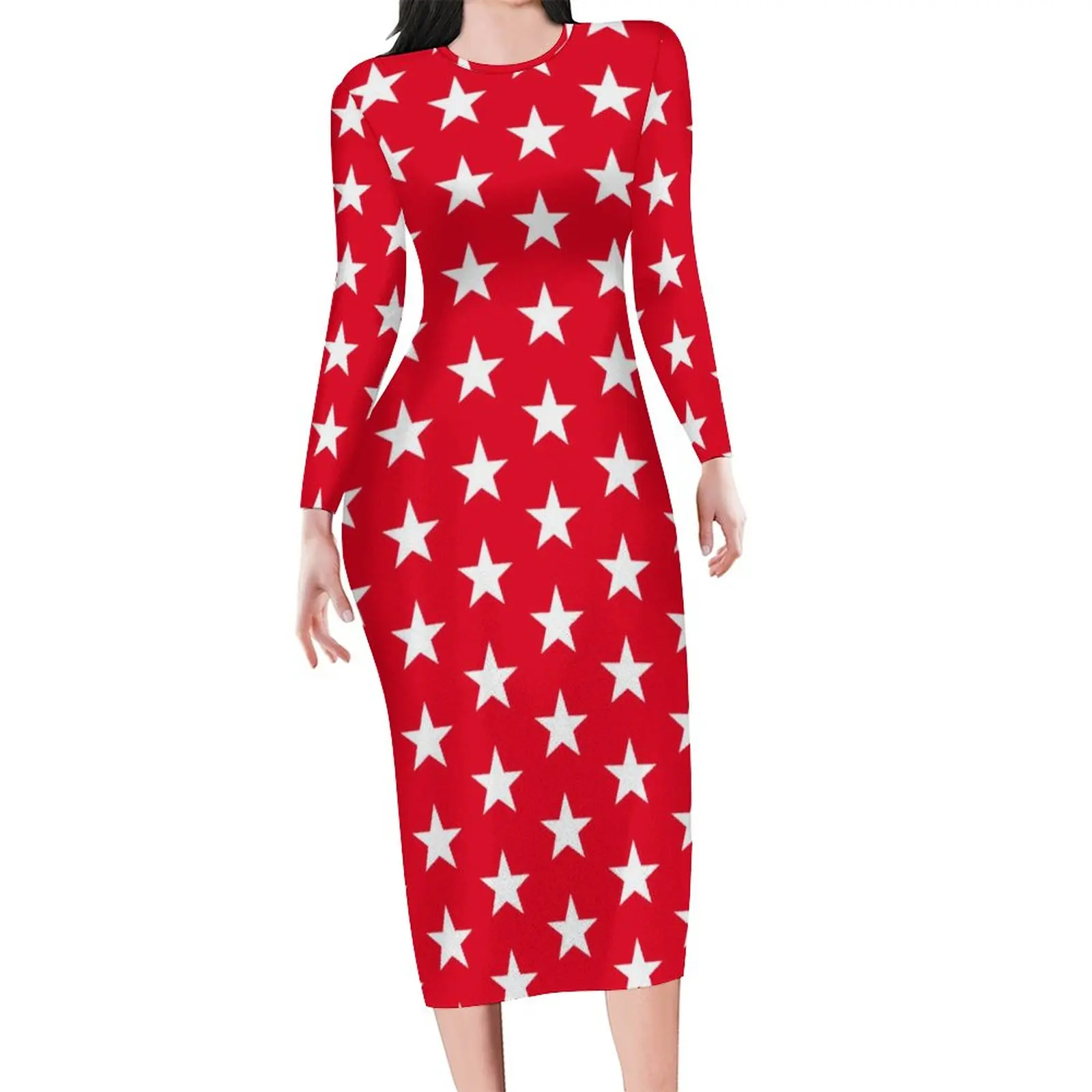 Patriotic Star Print Dress Women Festive 4th of July Street Fashion Bodycon Dress Holiday Long Sleeve Trendy Dresses Vestidos