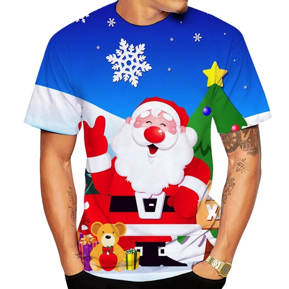 Fashion New Men Christmas T-Shirt All Over Santa Claus 3D Full Print Short Sleeve Crew Neck Xmas Casual Tee Tops