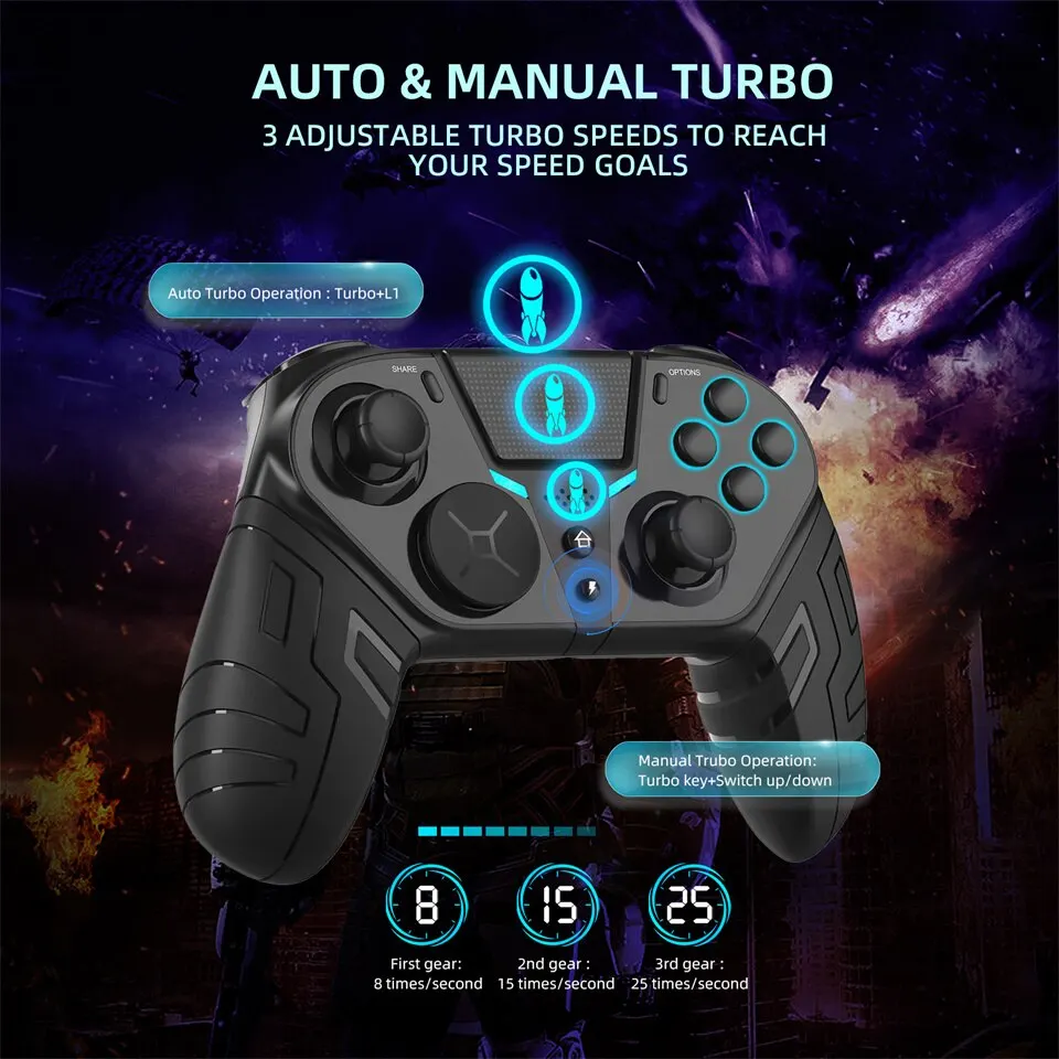 Mando inalámbrico para PS4, Gamepad Bluetooth de doble vibración, función Turbo programable para consola PS4 Android IOS PC Joystick