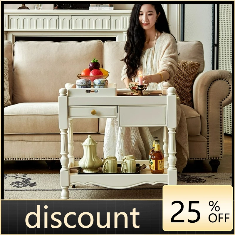 LTT cream wind trolley coffee table with pulley movable sofa side table solid wood white corner table
