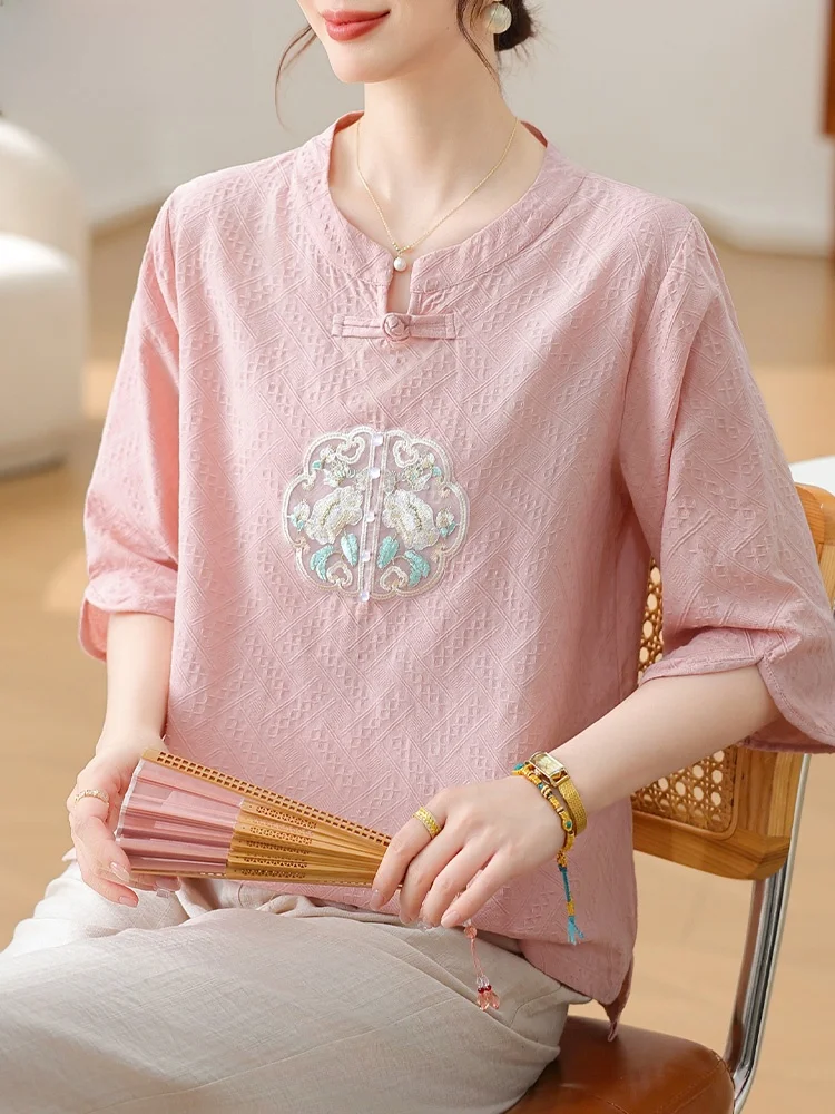 

Новая китайская женская блузка свободного кроя с рукавом 3/4 из полиэстеровой смеси с узором «снежинка» для женщин среднего возраста, весна-лето