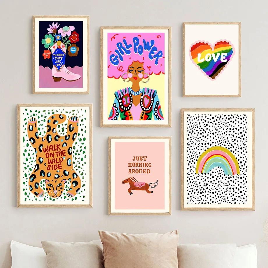 Maximalist Girl Power Wall Art Mural Colorful Pop Art Canvas Prints Rainbow Love Leopard Cowboy Boot Posters Room Dorm Decor
