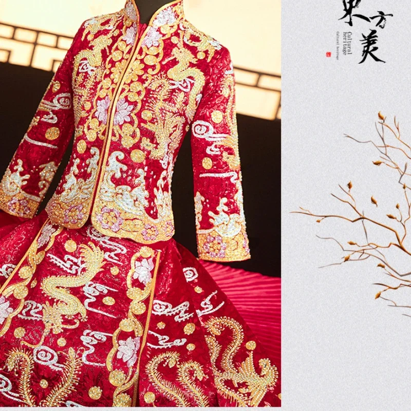 Vestido de casamento tradicional chinês bordado noiva, retro, requintado vermelho dragão Phoenix vestido, elegante Marry Cheongsam, alta qualidade