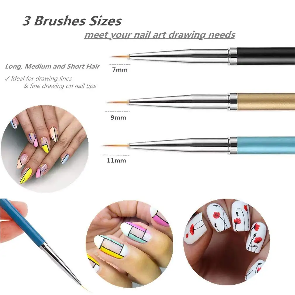 YIKOOLIN 3Pcs French Stripe Nail Art Ultra-thin Painting Brush Set 3D Tips Line DIY Drawing Pen UV Gel Brushes Manicure Tool