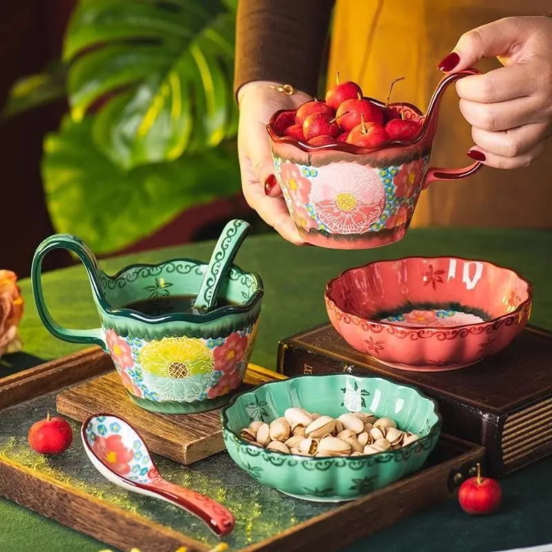 

Vintage Moss Green & Blush Pink Ceramic Mug Set - Retro Breakfast & Coffee Cups for Home Office, Couple Gift with Elegant Design