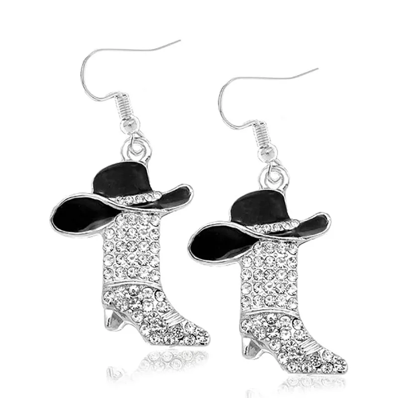 Sparkling Cowboy Boot Earrings with Enamel Hat Rhinestone Western Jewelry for Women Bohemian Country Concert Gift