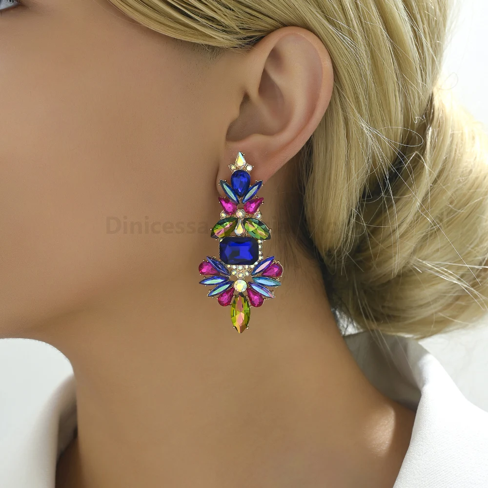 Multicolor Shiny Glass Charm Bride Wedding Party Pendant Jewelry Trend Luxury Design Unusual Glamorous Dangle Earrings For Women