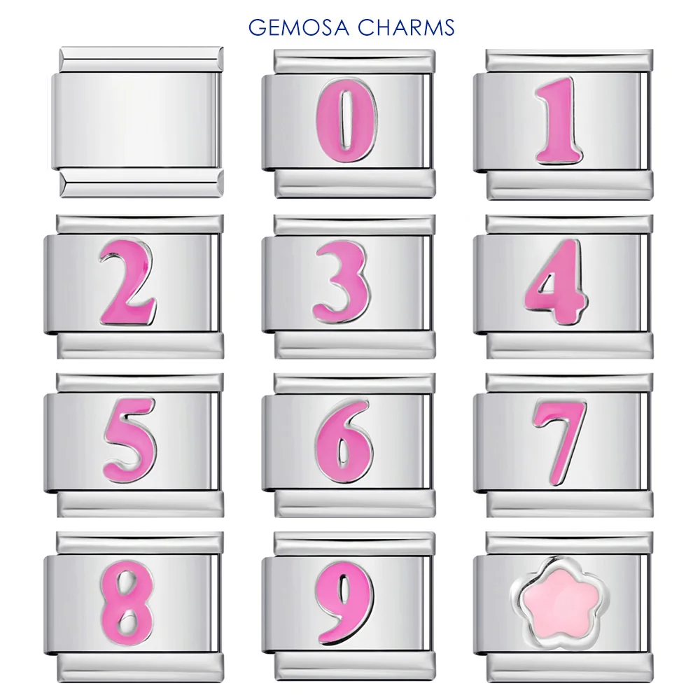 GEMOSA Fashion Pink Y2k Simple Number 0/1/2/3/4/5/6/7/8/9 Italian Charm Link Fit 9mm Stainless Steel Bracelet DIY Making Beads