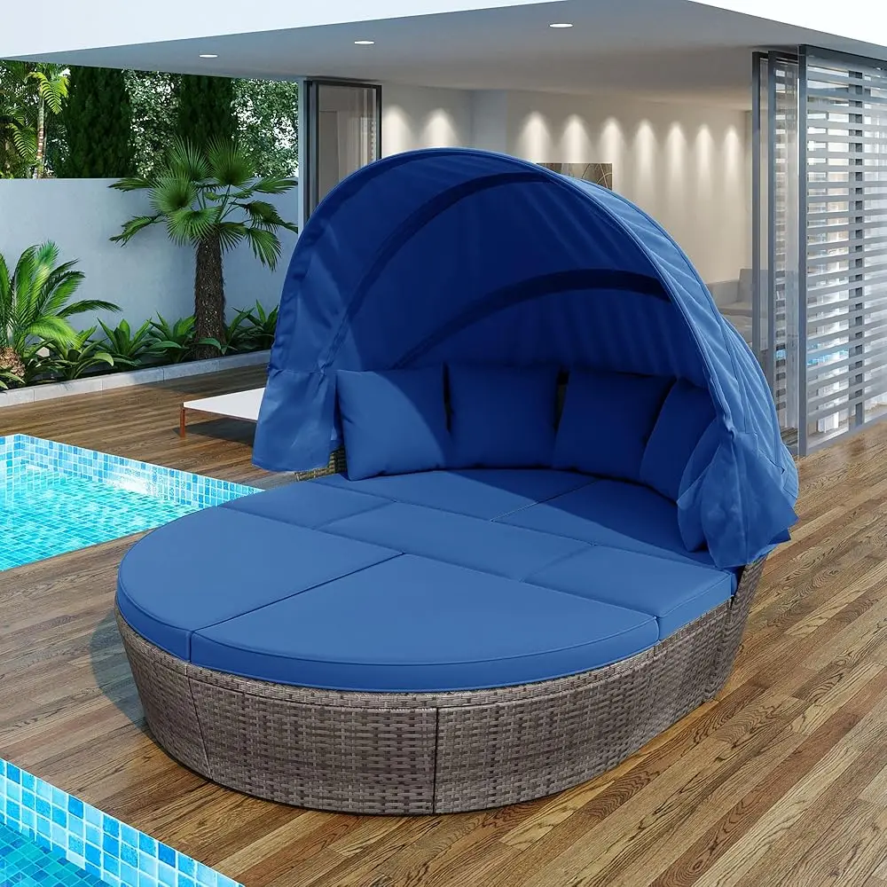 

Outdoor Daybed With Retractable Canopy, Round Patio Sectional Sofa Set, Wicker Furniture Clamshell Seating With Removable