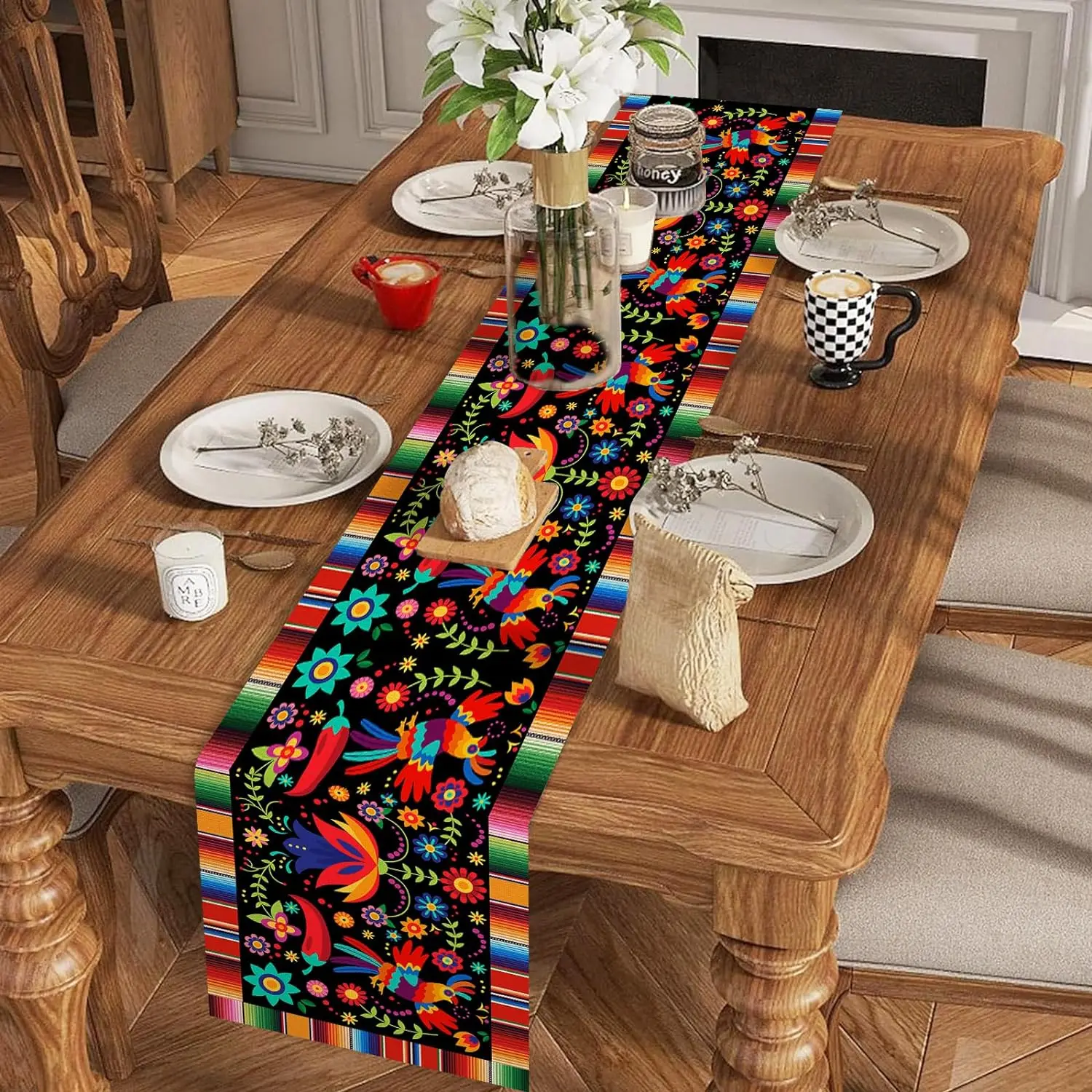 Mexican Fiesta Linen Table Runner Decorations Inco De Mayo Dia De Los Muertos Farmhouse Kitchen Dining Table Runner Party Decor