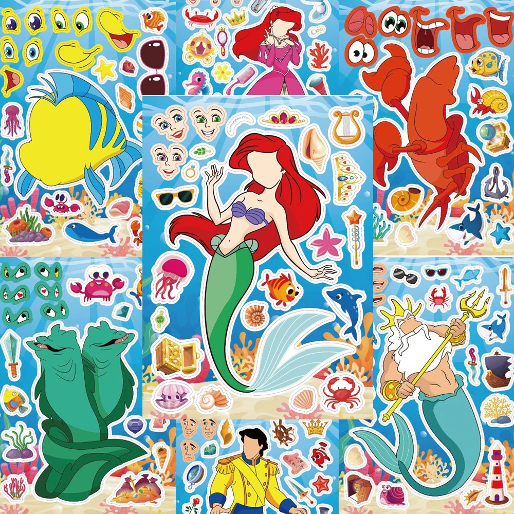 8/16 Blatt Disney Die kleine Meerjungfrau Puzzle-Aufkleber, Make-a-Face-Spiel, DIY-Puzzle, Cartoon-Aufkleber, lustiges Party-Dekorationsspielzeug