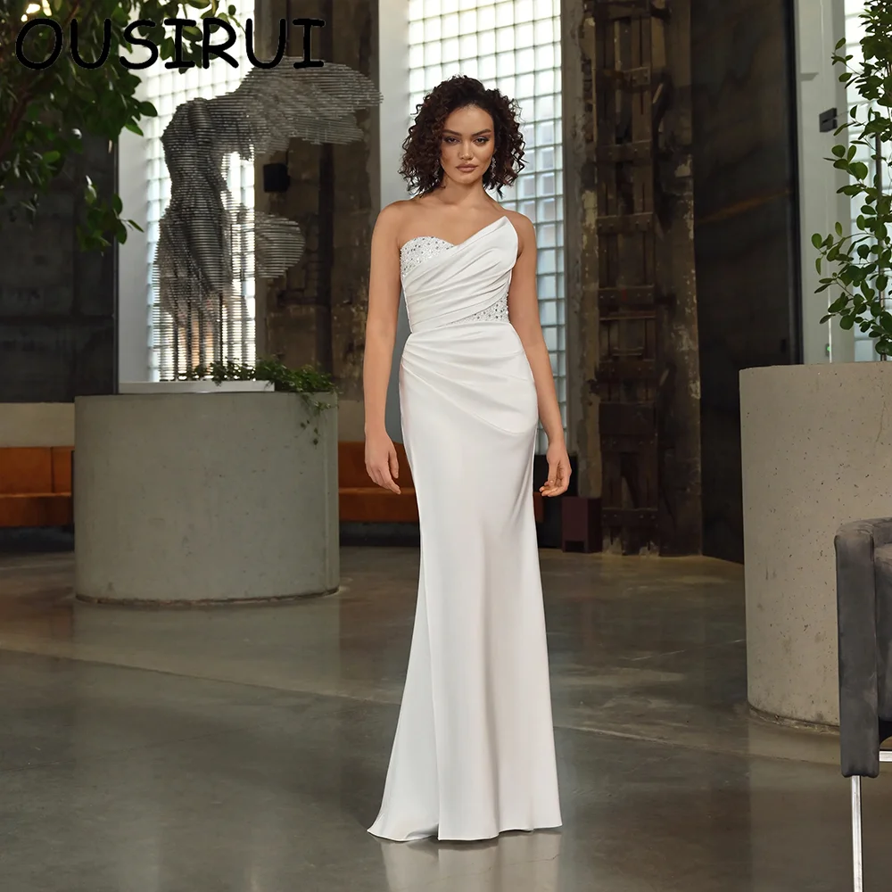 OUSIRUI Classic Off the Shoulder Satin Beaded Sheath Wedding Dress Pleated Side Slit Long Lace up Wedding Gown Vestido de novia