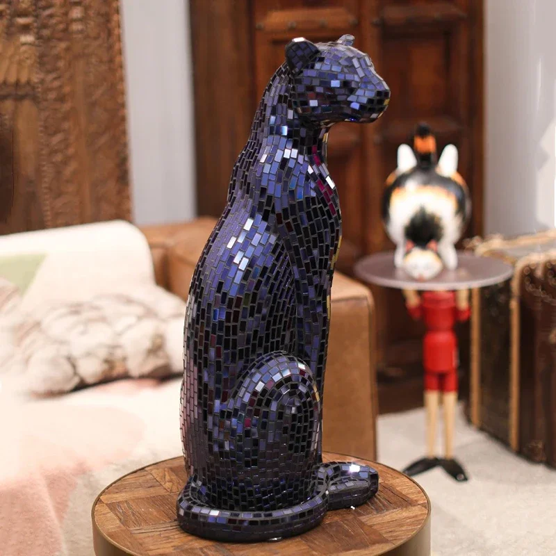 #￥Modern Indoor Home Decor Art Cheetah Sculpture Mosaic Glass Leopard Animal Figurine Luxury Living Room Floor Ornaments Statues