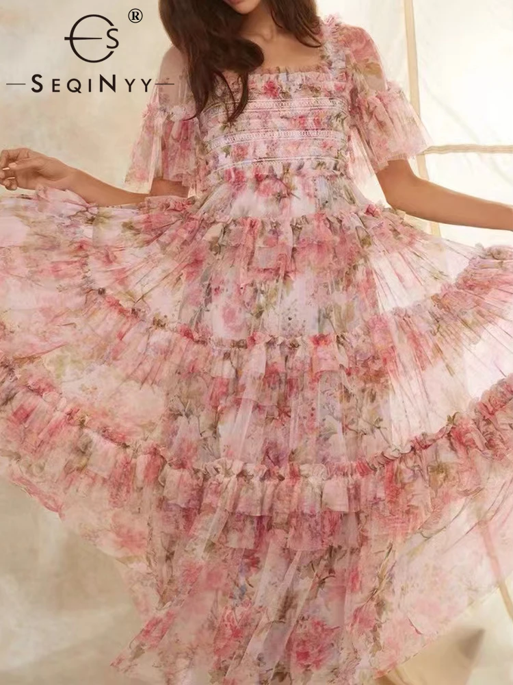 

SEQINYY Party Midi Dress Summer Spring New Fashion Design Women Runway Flare Sleeve Ruffles Cascading Vintage Pink Flower Print