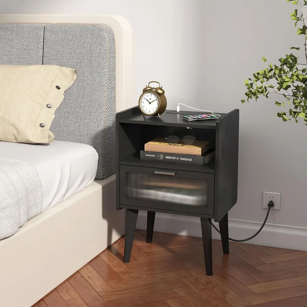 

Nightstand with Charging Station, Bedside Tables, End Table Side Table with 2 Tiers Storage Space, for Bedroom, Living Room