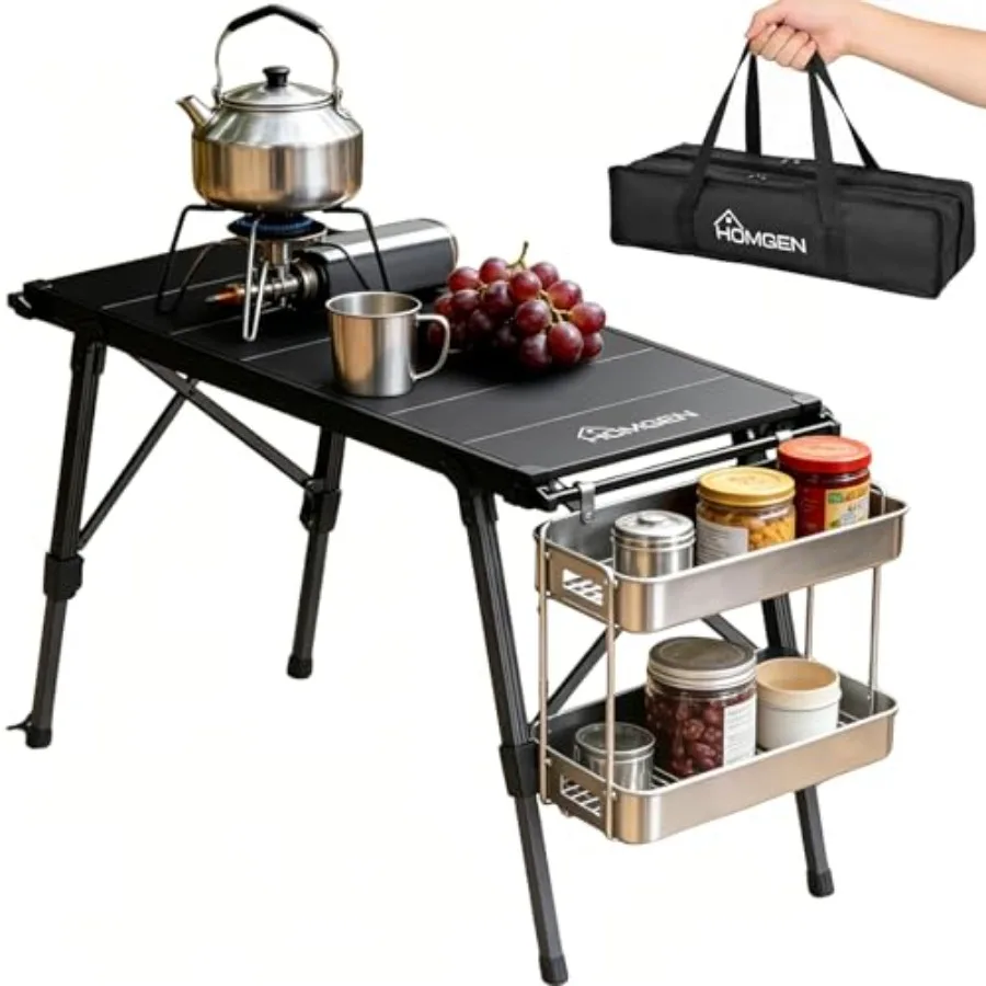 

Camping/Picnic use, aluminum alloy, black, foldable with adjustable height 15-21.6 inches and 34.7 x 15 inches tabletop