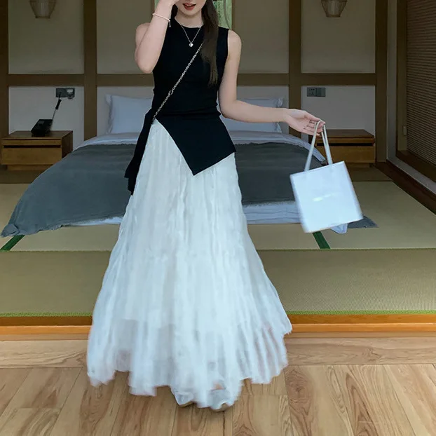 

8109 Heavy Pleated Summer Elastic Waist Irregular Mesh Lined Half A-Line Long Skirt For Women