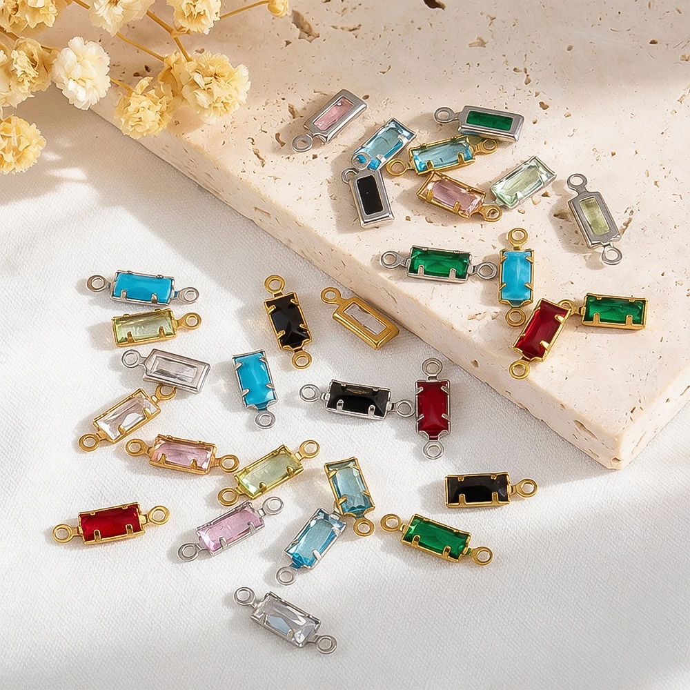 10pcs Stainless Steel Crystal Glass Rectangle Charms Single-Hanging Pendants Double Holes Charm for Necklaces DIY Jewelry Making