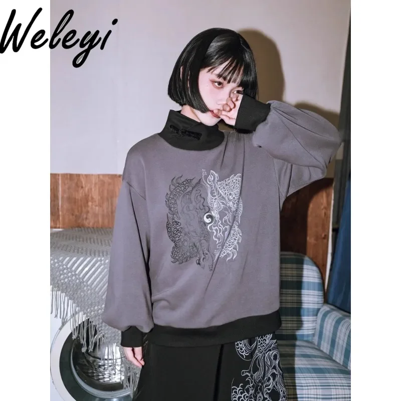 

Chinese Style Dragon Printed Turtleneck Red Terry Hoodie Women's Autumn and Winter Clothes Loose Sweatshirt Jacket Feminino