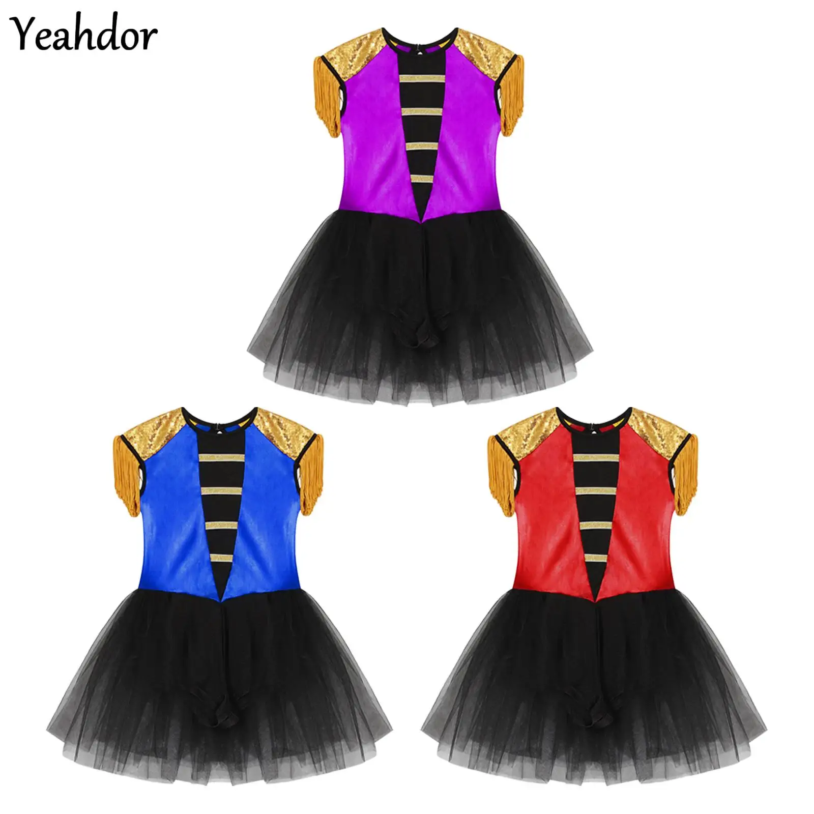 

Girls Circus Ringmaster Cosplay Costume Sleeveless Sequins Tassels Leotard Tutu Dress Jumpsuit Unitard Halloween Cos Lion Tamer