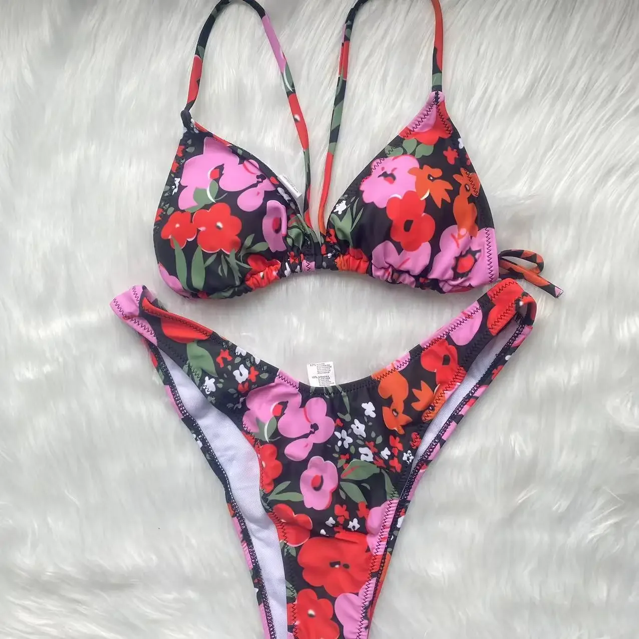 Bloemenprint Bikini Set Zwart Kleur Badpak Vrouwen Sexy Bikini Microbandage Strandkleding Driehoek Badmode Biquini